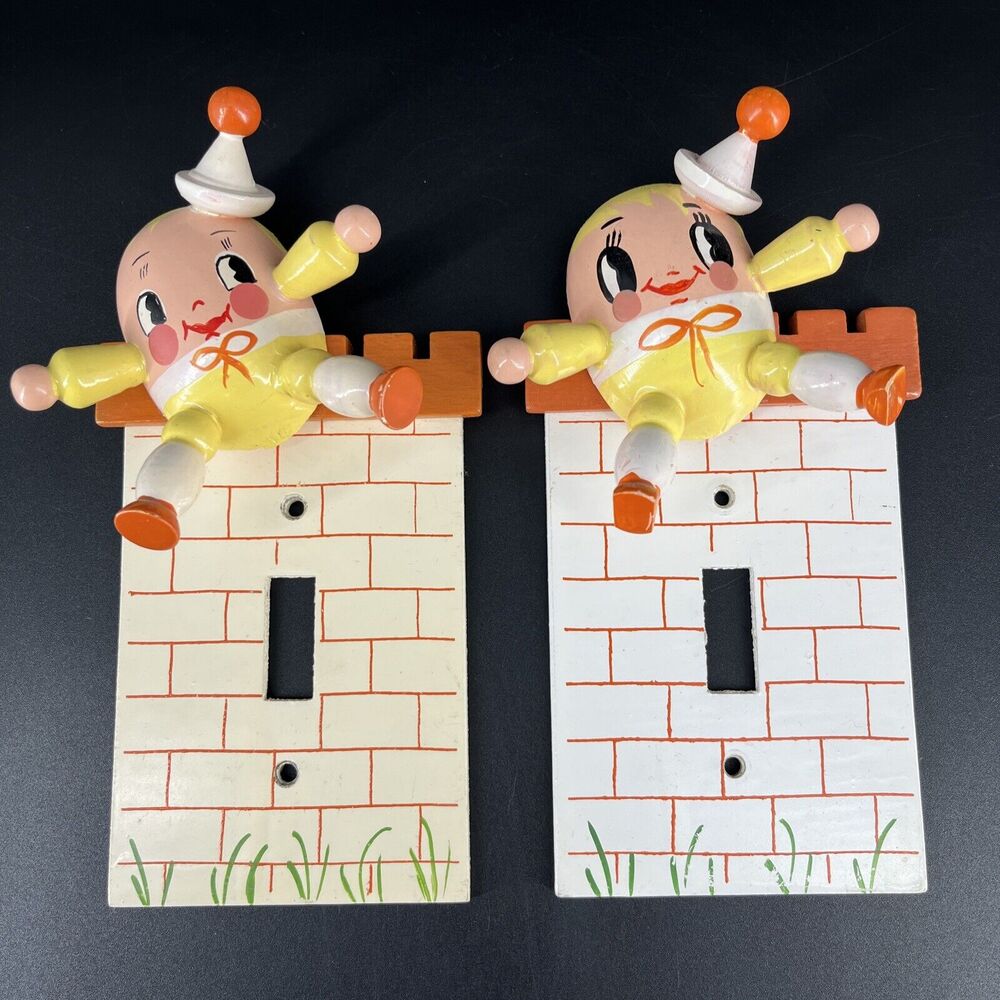 Vtg Nursery Light Switch Cover Plate Wooden 3D Humpty Dumpty Child’s Room Set 2